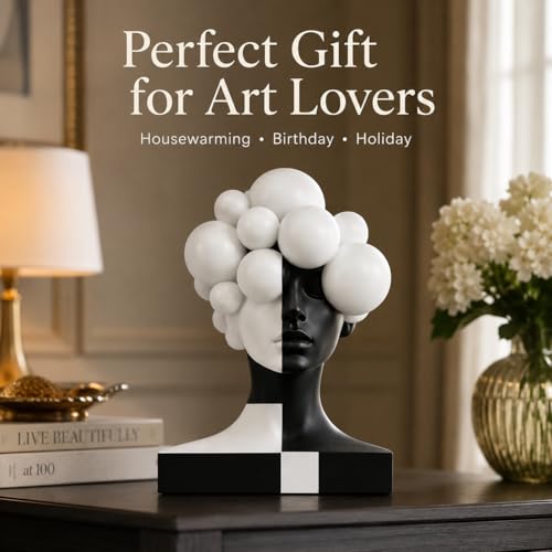 Checkered Modern Abstract Bust Statue for Home Decor, Black and White Art Face Sculpture,Large Resin Woman Head Figurine, Decorative Objects for Bookshelf, Coffee Table, Entryway, Office Desk Decor