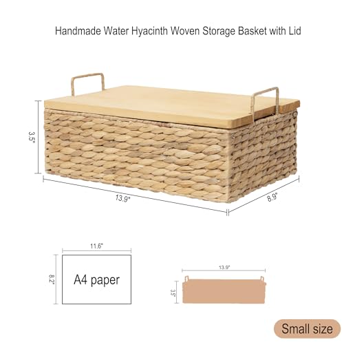 Handmade Water Hyacinth Wicker Baskets with Wooden Lid (Small) - size: Small (Single)
