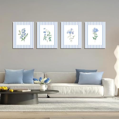 BWDDWB Blue Floral wall art Vintage Blue and White Striped Floral Rustic Cottagecore Botanical Posters Canvas Prints Pictures for Home Bedroom Living Room Girls Dorm Wall Decor 12x16 Unframed - color: Blue Floral, size: 16"L x 12"W