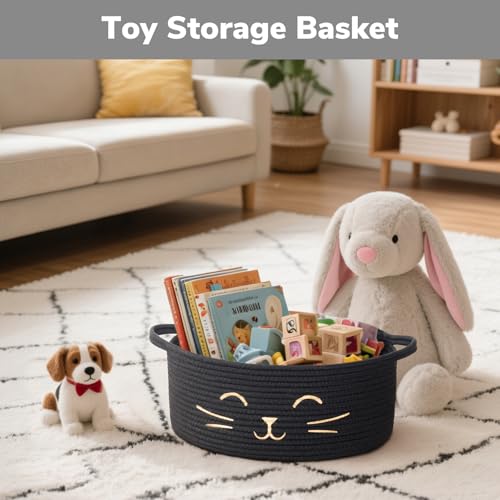 Medium Woven Rope Cat Toy Basket with Cat Face, Black - color: Black, size: 13.8"W x 6"H