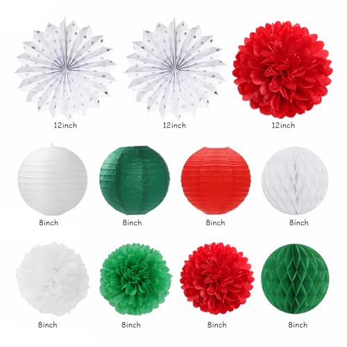 Red White Green Mexican Christmas Birthday Party-Decorations - 21pcs Happy Banner,Paper Lanterns Honeycomb,Tissue Pom Poms Flower Fan,Italian Kids Classroom Hanging Streamers Garland Decor Huglony - color: Red White Green