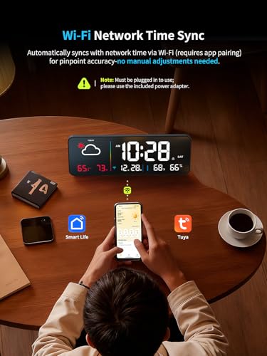 Digital Wall Clock, Digital Clock Large Display with Network Auto-Synced, Corded Smart LED Alarm Clocks Real-Time Shows Weather, Indoor/Outdoor Temp Humidity for Living Room Bedroom Classroom Office - color: Black