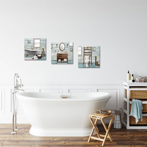 Visual Art Decor Bathroom wall Art Farmhouse Bathroom Decor Painting, Framed Canvas Wall Art 12x12inchx3Pieces (Turquoise) - color: Turquoise