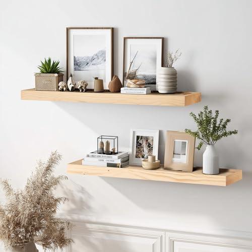 Solid Wood Floating Shelves, 36 Inch Wall Shelves, Set of 2, Wood - color: Wood, size: 36x8x1.6