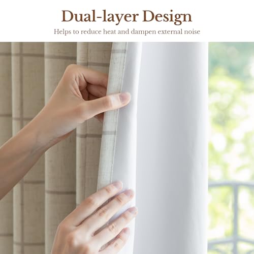 THREE GIRLS Plaid Pinch Pleated Curtains - Modern Luxury Linen Buffalo Blackout Drapes, Thermal Insulated Double Layer Window Panels for Living Room Bedroom, 120 Inches Long Brown 2 Panels Set - color: Linen, size: 40"W x 120"L (Pack of 2)