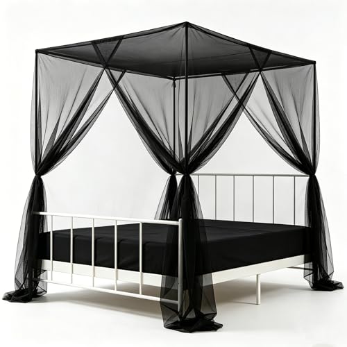 Black Mosquito Net Bed Canopy, Netting Four Corner Post Curtains Bed Drape - color: Black