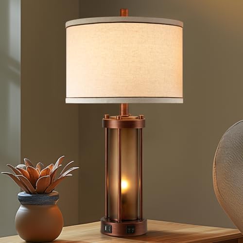 RORIA Set of 2 Farmhouse Table Lamps for Living Room with 2 USB Ports - color: Red Bronze