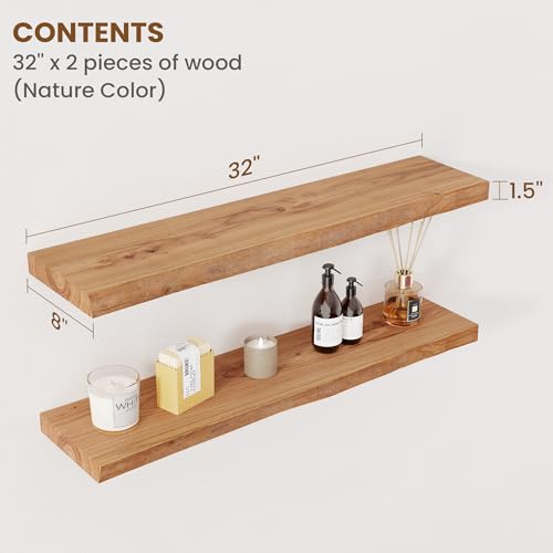 Floating Shelves for Wall Decor, Rustic Solid Elm Wood Live Edge Floating Shelves Wall Mounted, Wall Shelves with Invisible Bracket for Living Room Bathroom Bedroom Kitchen, 32 Inch Set of 2, Natural - color: Natural, size: Live Edge, 32inch, 2Packs