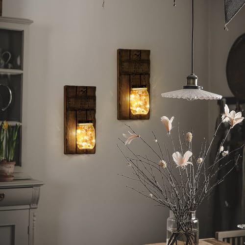 Wall Candle Sconces Set of 2, Candle Holder Rustic Home Decor, Farmhouse Mounted Wooden Candle Holders with Lights, Wall Decorations for Bedroom, Living Room, Kitchen, Bathroom