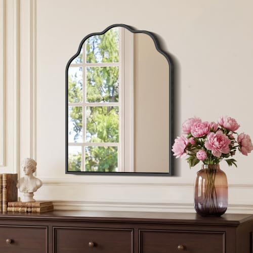 Arched Scalloped Mirror, 18×24Inch Black Mirror for Bathroom, Wavy Wall Mounted Vanity Mirror with Aluminum Alloy Frame for Livingroom Bedroom and Entryway, Tempered Glass - color: Black, size: 24"L x 18"W