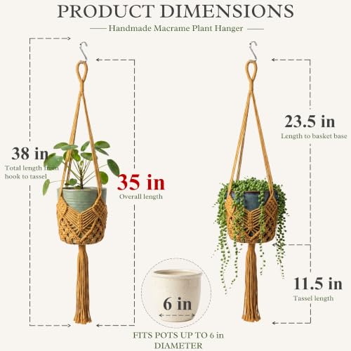 Boho Macrame Plant Hanger with Hooks, Rope Hanging Baskets for Plants - color: Brown 2pack Pots Not Included