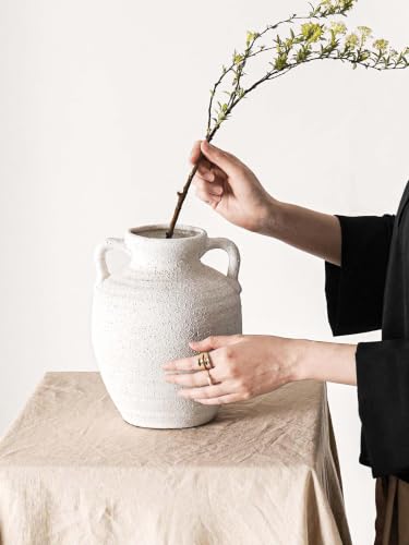 White Ceramic Vase with Handles, 9.5Inch, Farmhouse Rustic, Gritstone White - color: Winnie - Gritstone White, size: M(8.8"-9.8")