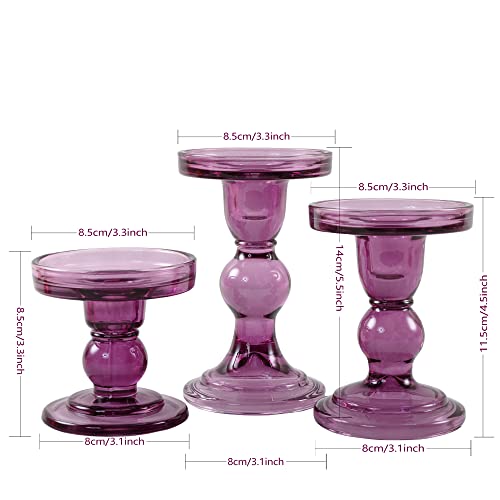 GMWD 3 Pcs Glass Candle Holder Set Clear, Purple Candlesticks Holders Pillar Taper Candles Tealight Stand for Wedding Centerpieces Home Decorations Dining Table - color: Purple