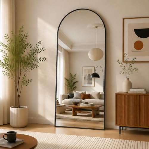 65"x24" Arch Floor Mirror, Full-Length Wall Mirror with Stand - Black, Aluminum Alloy Frame, Ideal for Bathroom, Dressing Room - Hanging or Leaning Arched-Top Design - Full Body Mirror for Bedroom - color: Black, size: 65"L x 24"W