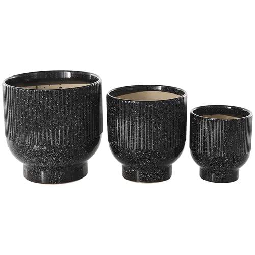 Deco 79 Ceramic Indoor Outdoor Planter Speckled Small Planter Pot with Linear Grooves and Tapered Bases, Set of 3 Planters 9", 8", 6"H, Black