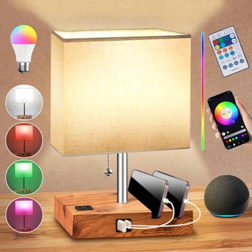 Smart RGB Dimmable Table Lamp Compatible with Alexa&APP&Remote Control, Wood Base - color: Wood, size: 1 Pack