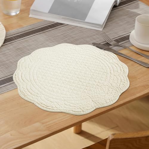 HOMBYS Quilted Placemats Set of 4 Washable Round Placemats for Kitchen Table-100% Cotton Fabric Round Table Mats, (Flax) - color: Flax