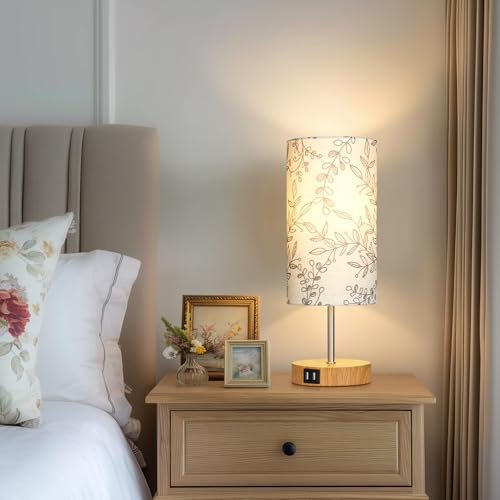 CINSARY Bedside Touch Lamps for Nightstand with 2 USB Charging Ports, 3 Way Dimmable Wood Bedroom Lamp with Flower Fabric Shade, Small Table Lamp for Living Room Reading Desk (LED Bulb Included) - color: Flower3-15" H