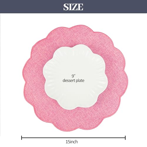 AHHFSMEI Round Scalloped Placemats Set of 6 15 Inch Faux Linen - color: Pink