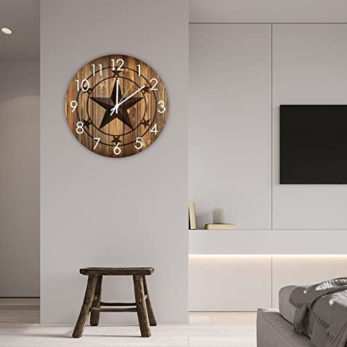 Wall Clock Western Texas Star Silent Battery Operated Rural Wood Clock Rustic Western Country Wall Decor for Bedroom Living Room Beach House Garden Deck - size: 12"x12"