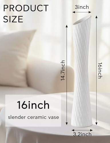 16 Inch Tall Ceramic Flower Vase,Minimalist Style Slender Floor Vase for Living Room, Home, Office Bedroom Table Centerpieces Shelf Kitchen Wedding Farmhouse Décor(White) - color: Tall-white