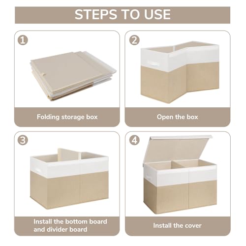 INDRESSME 85L Large Toy Storage Box with Lid Divider Foldable Toy Chest - color: Beige & White, size: 25"x13"x16"