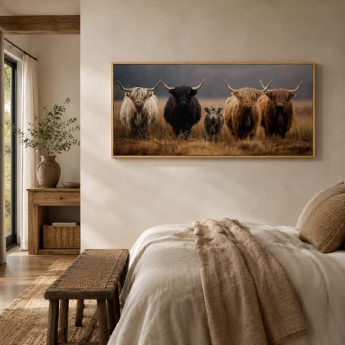Framed Highland Cow Family Farmhouse Canvas Wall Art 24x48 Inch - color: Highland Cow, size: 48"L x 24"W