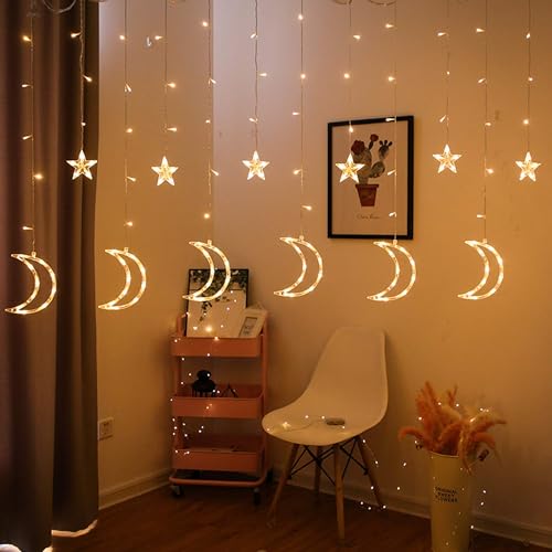 FUNPENY Star Moon Curtain String Lights, 138 LED Window Lights with Remote Control, Warm White Fairy Lights with 8 Modes for Indoor, Wedding, Party, Bedroom, Patio Lawn, Ramadan Decorations