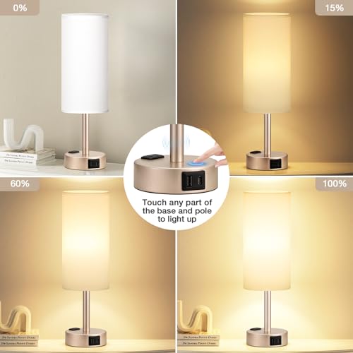 Antique White Bedside Table Lamp, Dimmable Touch Lamp, USB A+C, AC Outlet - color: White - Antique White, size: 14"