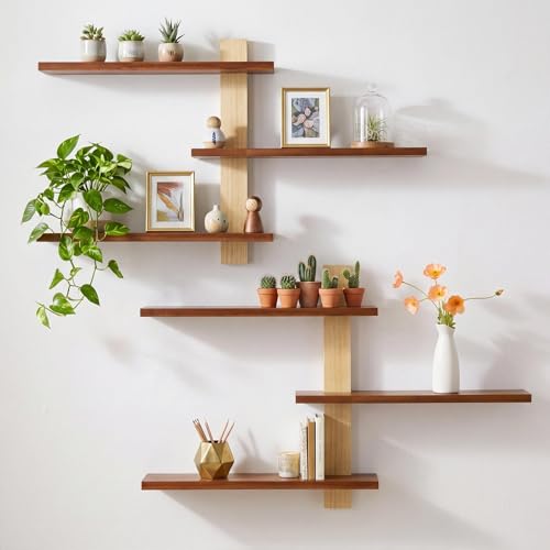 Pinkunn 2 Pack Floating Wall Shelf Mid Century Decor, Natural Wood, 3 Tier - color: Natural Wood