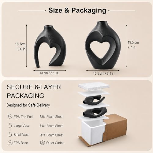 Black Vase Snuggle Hollow Ceramic Vase Set of 2 Modern Vases for Home Decor - color: Black