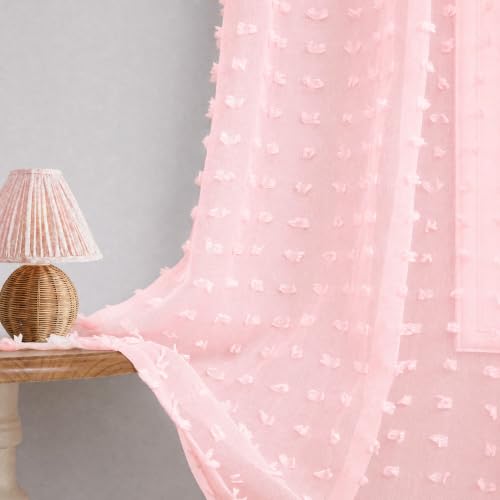 DANCURTON Light Pink Sheer Curtains 63 Inch Length for Girls Room Baby Nursery Semi Sheer Boho Farmhouse Pom Pom Kids Curtains for Bedroom Bed Canopy Blush Pink Voile Back Tab Window Drapes 2 Panels - color: Light Pink, size: 52"W x 63"L (Pack of 2)
