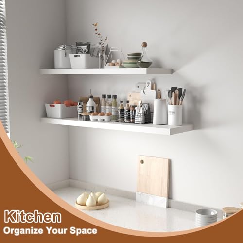 12 Inch Deep Floating Shelves, 24" W x 12" D Wood Floating Shelves for Wall, Large Storage Space Wall Mount Shelf with Invisible Brackets for Living Room Kitchen Bathroom, 1 Pack, White - color: White, size: 24 Inch