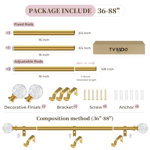 TVWOO Gold Rainbow Curtain Rods Adjustable Heavy Duty Crystal Ball,36-88" - color: Gold, size: 36-88" ( 1pack )