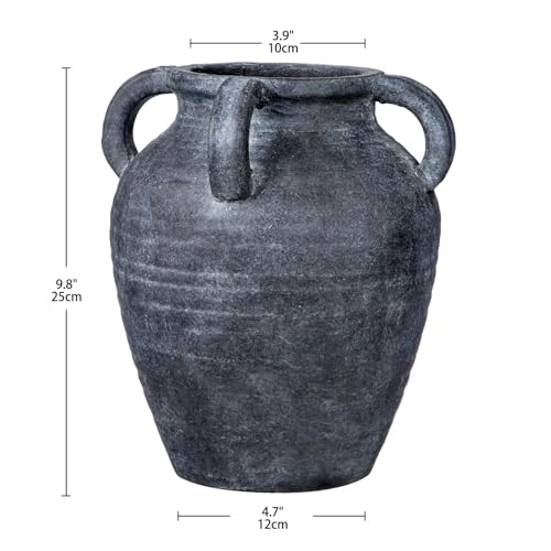 Handmade Flower Vase, 9.8" Tall Terracotta Vase, Vintage Ceramic vase, Rustic Antique Decor with 4 Handles, Wide Mouth, Matte Finish for Home Office Resto Café Décor - color: Lightslategray With Handles 9.8"