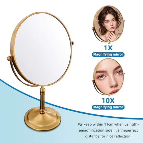 Antique Brass Makeup Mirror 1X/10X Free Standing 8 Inches 360 Swivel Dual-Sided Tabletop Makeup Mirror, Metal - color: Antique Brass Without Light
