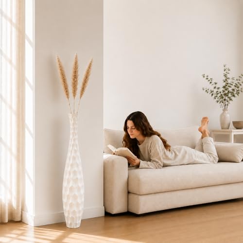 Leewadee Large Floor Vase 34" Mango Wood for Pampas Grass, Dried Flowers - color: White / Honeycomb, size: 34 inches