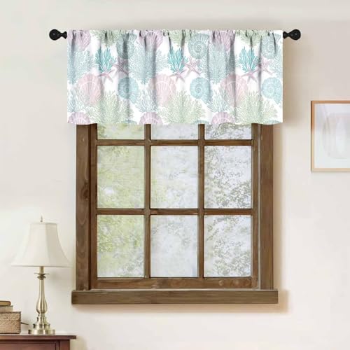 Summer Coastal Windows Valances,Ocean Beach Green Starfish Seashell Nautical Theme Valances for Kitchen Bedroom Living Room Bathroom Windows Curtain 1 Piece,54x18 Inch - color: Coastal-11