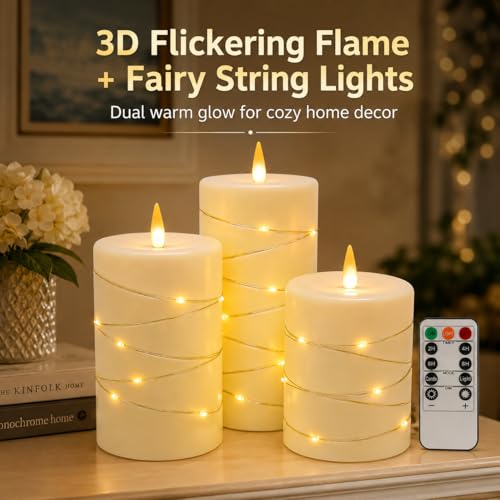 Flickering flameless Candles with String Lights, Battery-Powered, LED Pillar Candles, Candle Set with Remote Control and Timer, 3-piece Candle Set in Ivory White - color: Off-White