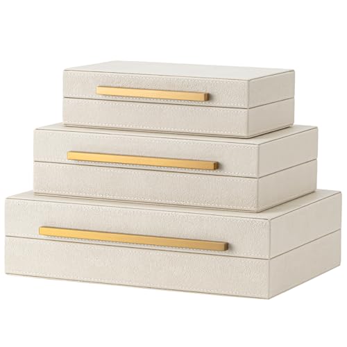 XIGEXIGE Faux Leather Large Modern Stackable Nesting Jewelry Box with Lids Organizer – Set of 3 Beige Shagreen Decorative Storage Boxes with Gold Metal Handles - color: Beige+Gold Handles, size: Set of 3
