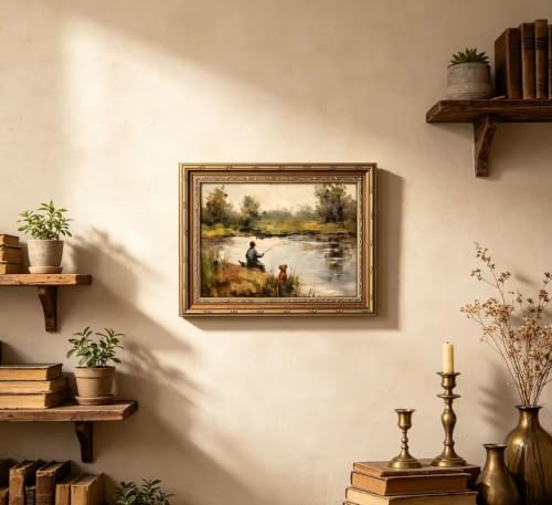 Vintage Gold Framed Wall Art Boy Fishing Country Oil Painting Canvas Prints Peaceful Lake Landscape with Dog Picture Rustic Farmhouse Poster Artwork for Nursery Living Room Bedroom, 9x11in - color: Boy Fishing, size: 11"L x 9"W