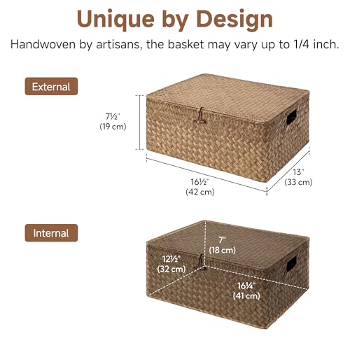StorageWorks Wicker Basket with Lid, Storage Baskets with Lids, Brown - color: Brown(Seagrass), size: 16½"L × 13"W × 7½"H