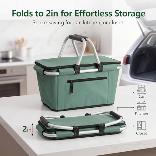 Picnic Basket, SIYUAN Collapsible Shopping Basket with Handles 27L Large Market Basket with Lid Reusable Folding Grocery Basket Insulated Cooler Bag, Green - color: Green