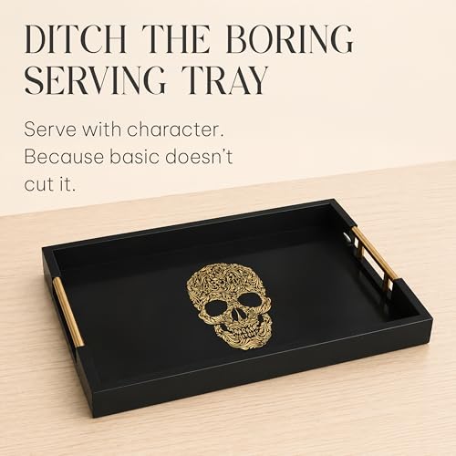 Gothic Skull Serving Tray, Black Gloss, Gold Handles by Death Decor - style: SKULL