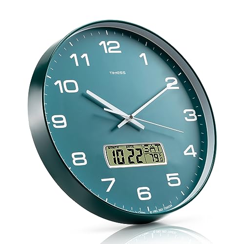 TIMESS Wall Clock, 14" Large Dial Non-Ticking Silent Battery Operated Analog with LCD Display for Perpetual Calendar and F° Temperature, Ideal Modern Home, Bedroom, Kitchen, Office Decor(Green) - color: Green, size: 14 Inch