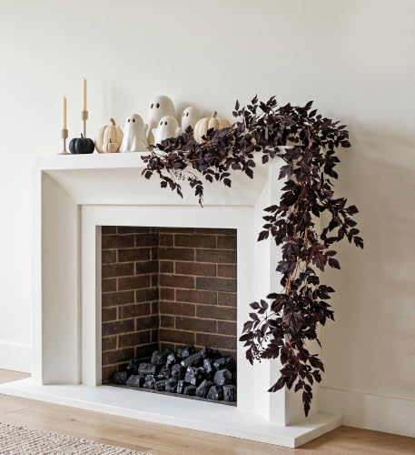 Hollyone 2 Pack Fall Garland 6FT Artificial Plum Cimicifuga Seeded Leaf Garlands Faux Purple Leaves Fall Foliage Autumn Garland for Mantle Fireplace Thanksgiving Halloween Home Indoor Outdoor Decor