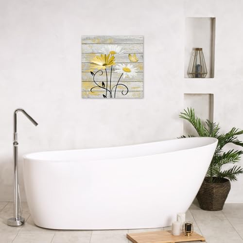 HVEST Farmhouse Yellow Floral Wall Art for Bathroom, Retro Daisy and Butterfly on Rustic Wood Canvas Wall Art Nature Flower Pictures for Living Room Bedroom Apartment Wall Decor,12L X 12W inches - color: Yellow, size: 12"L x 12"W