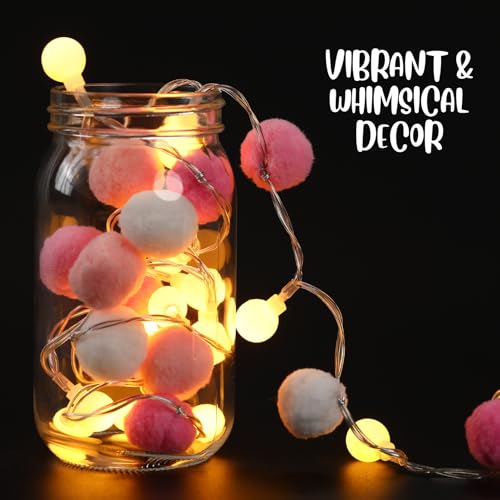 9.84FT Pom Poms Fairy Lights 30 LED Battery & USB Operated String Lights - color: Pink, size: 9.84 FT