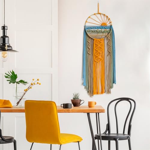 LB Boho Sunset Macrame Wall Hanging Orange and Green Small Dream Catcher Hand Woven Cotton Tapestry Modern Aesthetic Wall Art for Home, Bedroom, Living Room - color: Blue