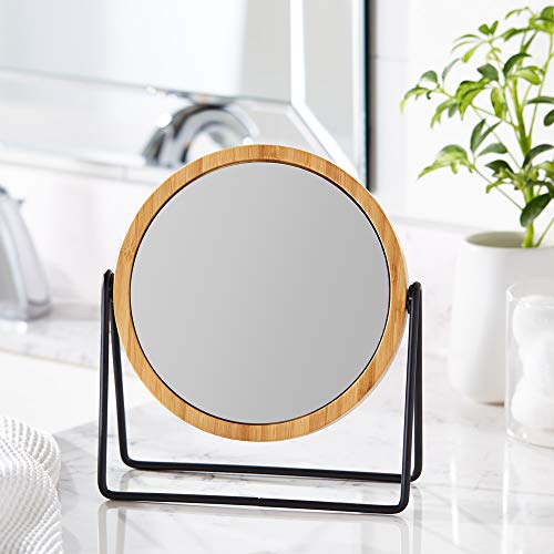 Amazon Basics Vanity Round Tabletop Mirror with Bamboo Rim, Double Sided Magnifying, 360° Rotation, Black, 7.2" L x 2.9" W (Pack of 6) - size: 7.2"L x 2.9"W (Pack of 6), style: Bamboo Rim Without Base
